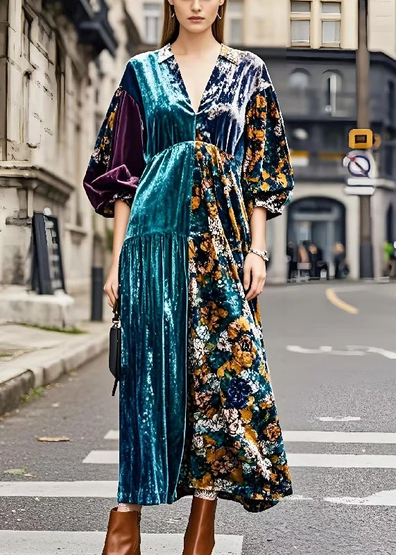 maxi dresses with A-line silhouettesPlus Size Colorblock V Neck Patchwork Silk Velvet Maxi Dresses Spring