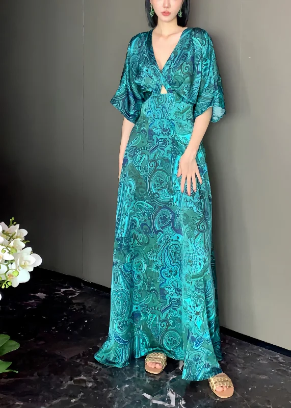 maxi dresses with low necklinesChic Green V Neck Print Backless Silk Maxi Dresses Long Sleeve