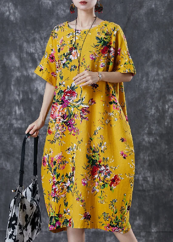 maxi dresses with long sleevesDIY Yellow Oversized Print Cotton Maxi Dresses Summer