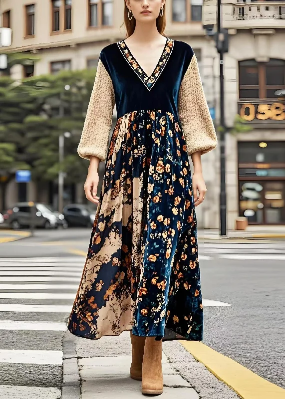 maxi dresses for winter (with tights)Bohemian V Neck Patchwork Print Silk Velvet Maxi Dresses Spring