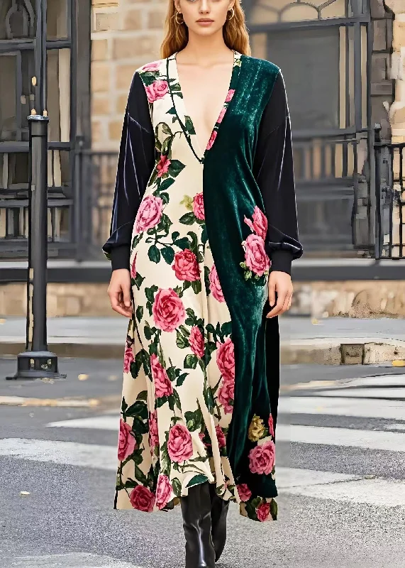 maxi dresses for springBeautiful Asymmetrical Patchwork Floral Silk Velvet Maxi Dresses Spring