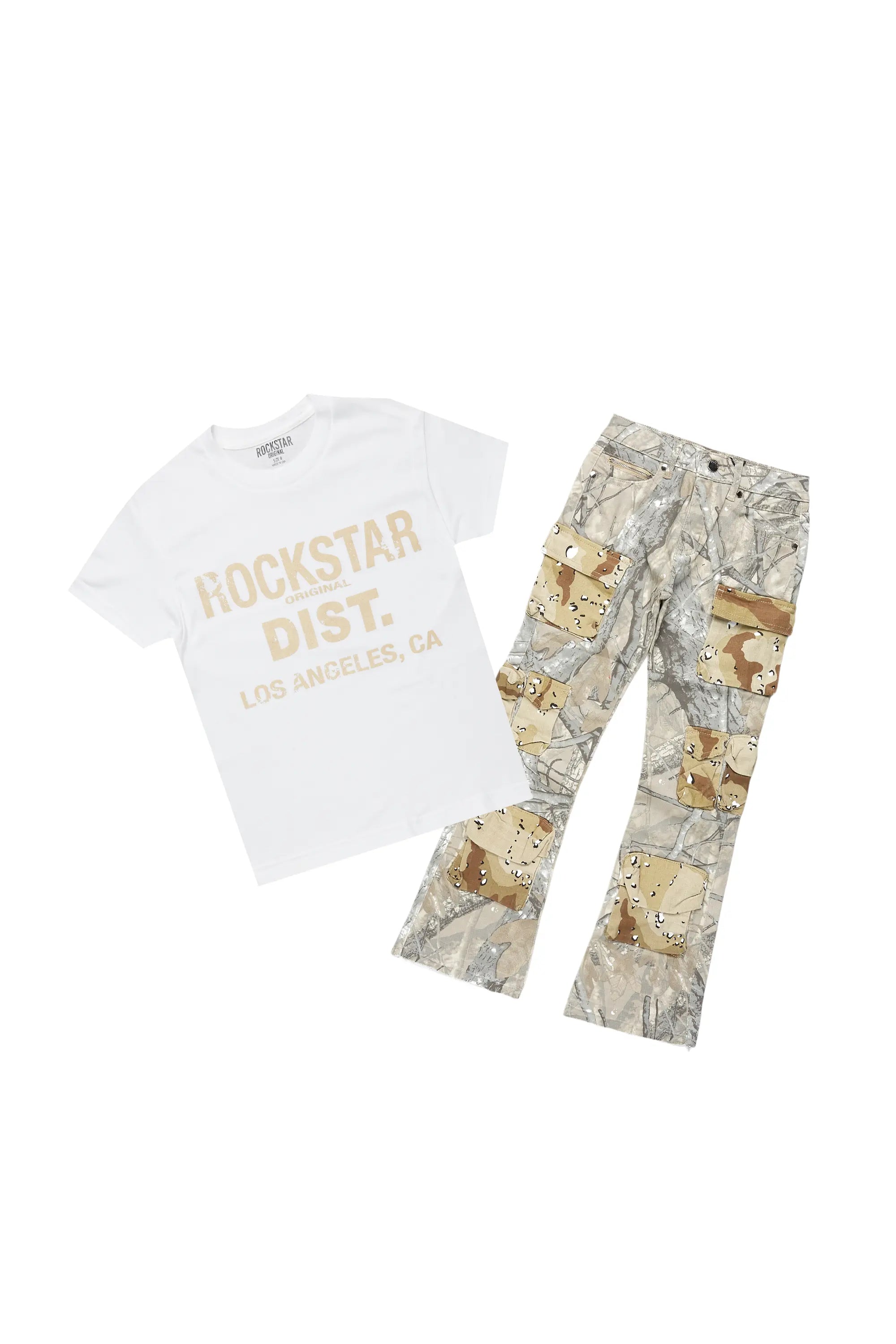 women's cycling pantsBoys Koen Beige Tree Camo T-Shirt/Stacked Flare Jean Set