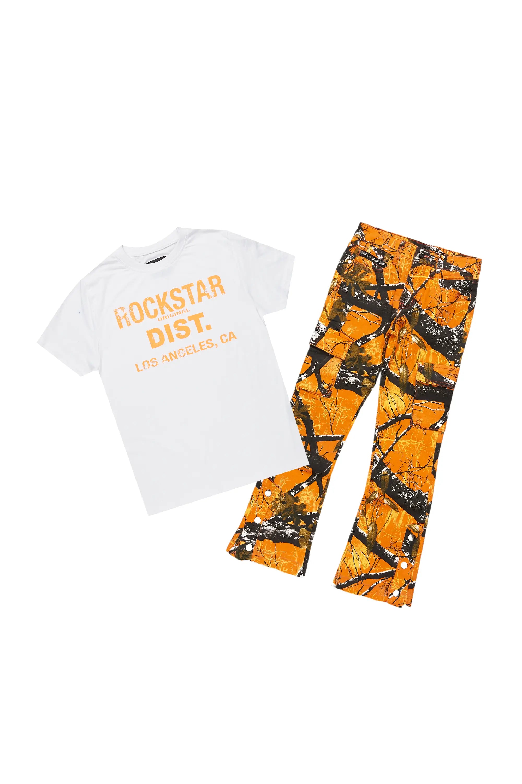 women's travel pantsBoys Koen Orange Tree Camo T-Shirt/Stacked Flare Jean Set