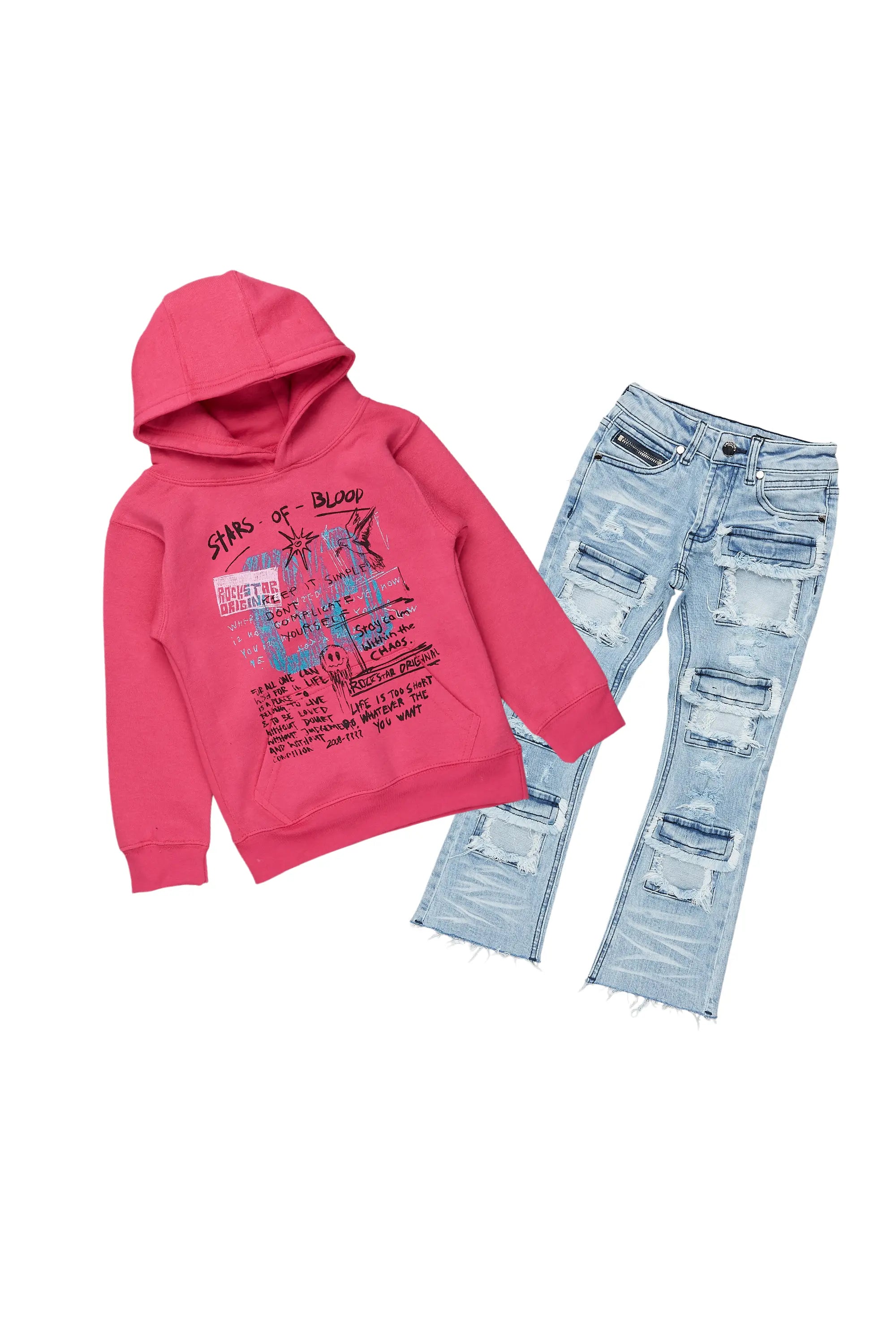 women's petite pantsGirls Addie Pink/Blue Hoodie/Stacked Flare Jean Set