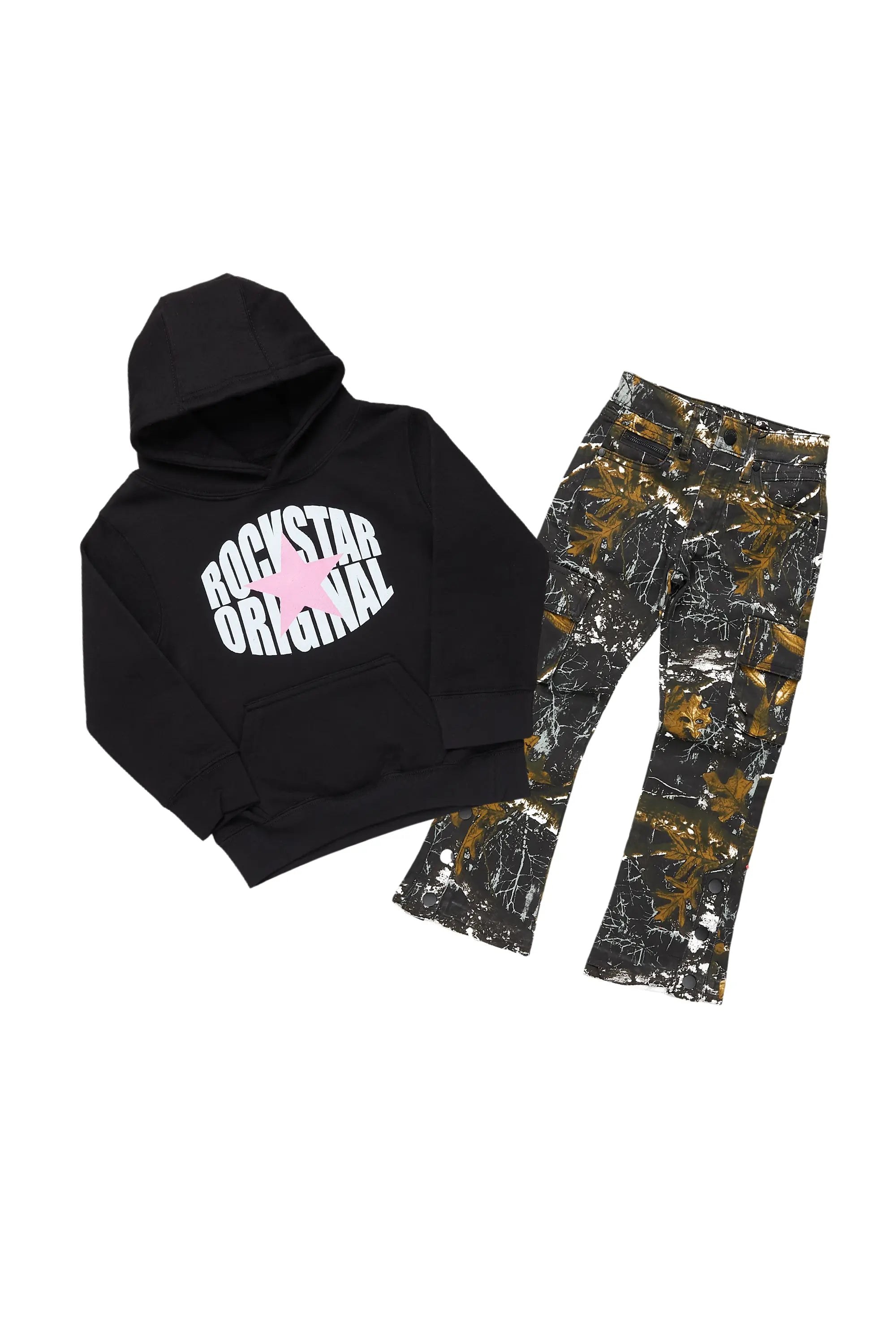 women's everyday pantsGirls Mia Black Tree Camo Hoodie/Stacked Flare Jean Set