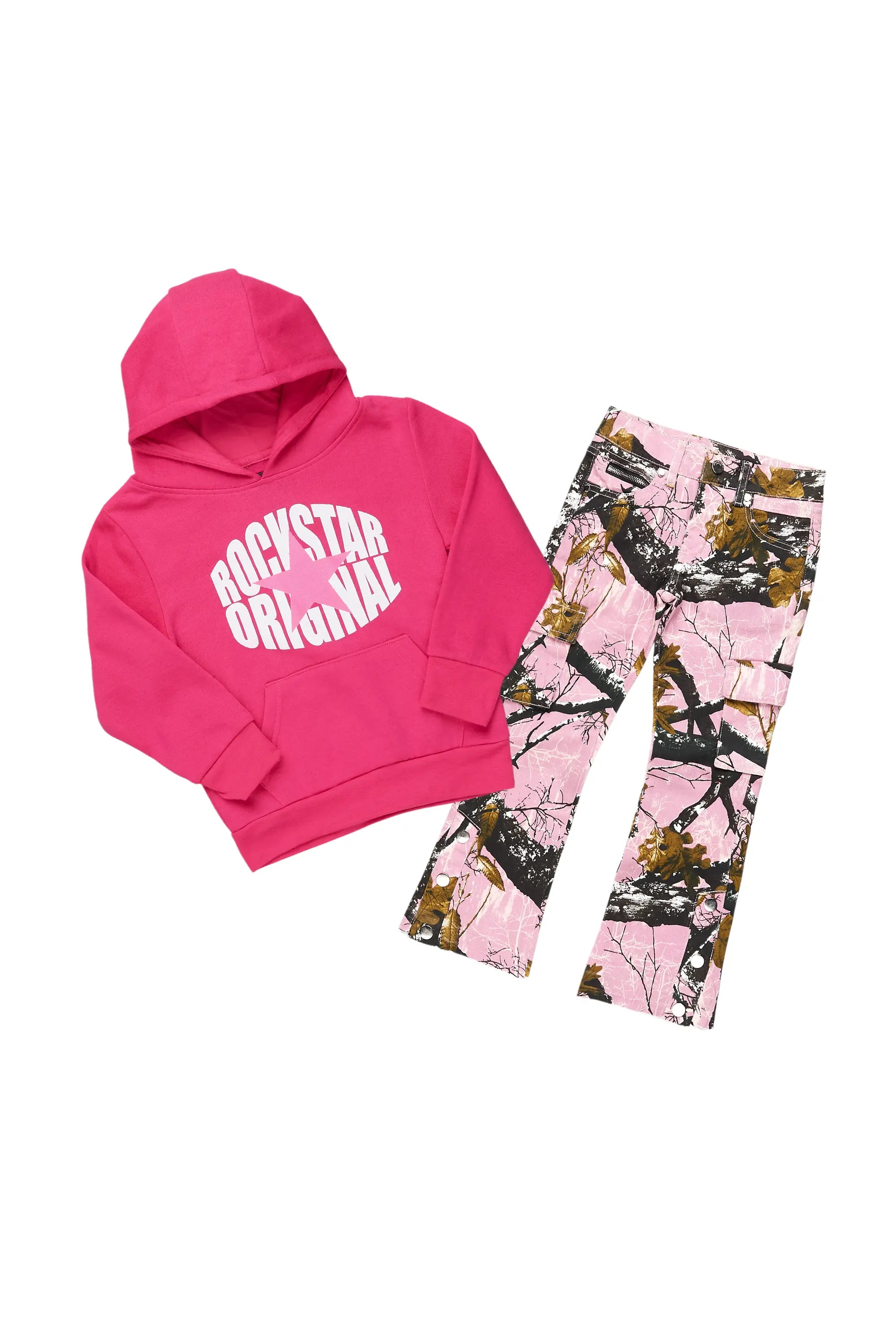 women's party pantsGirls Mia Pink Hoodie/Stacked Flare Jean Set