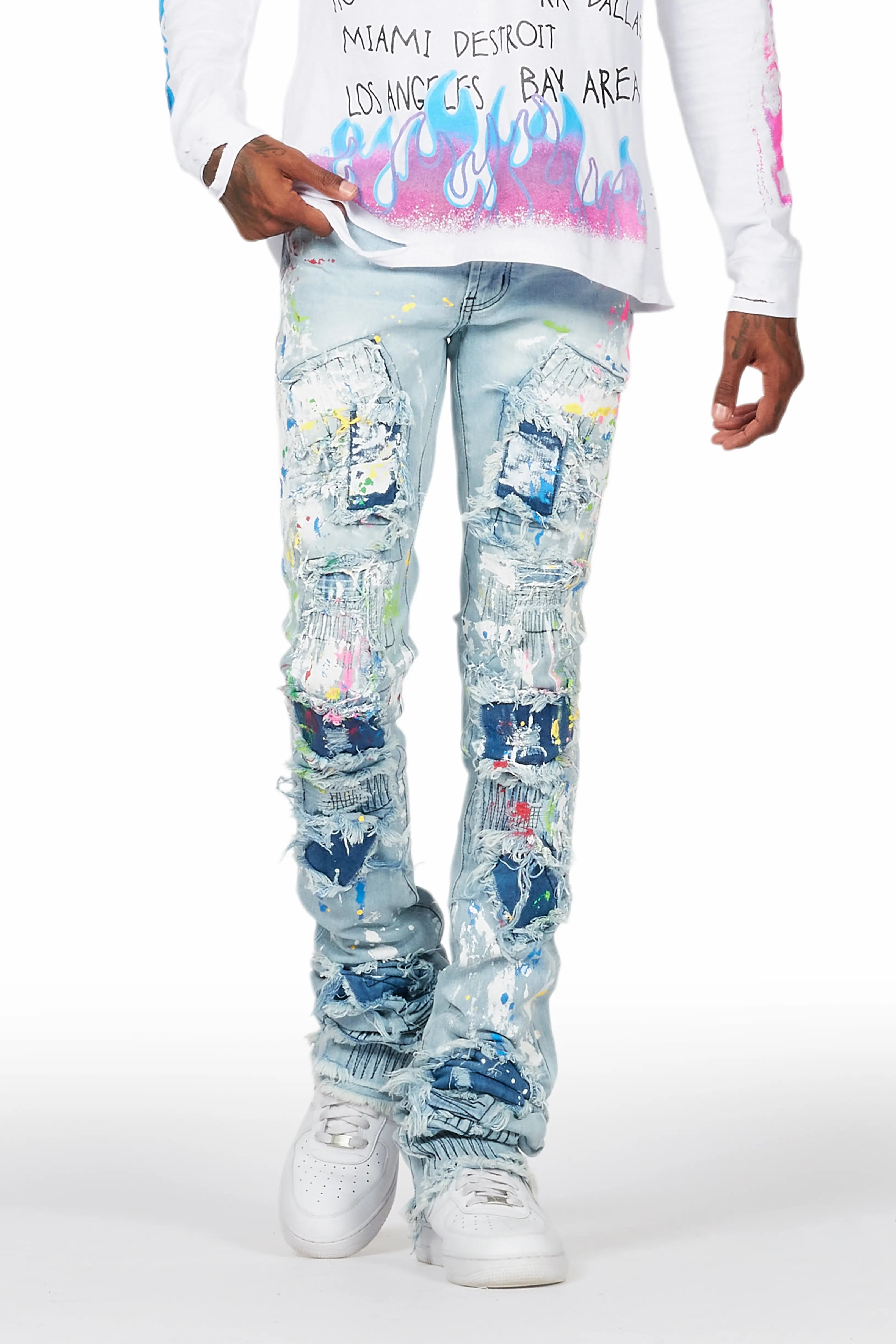 women's floral pantsDallon Blue Painter Super Stacked Flare Jean