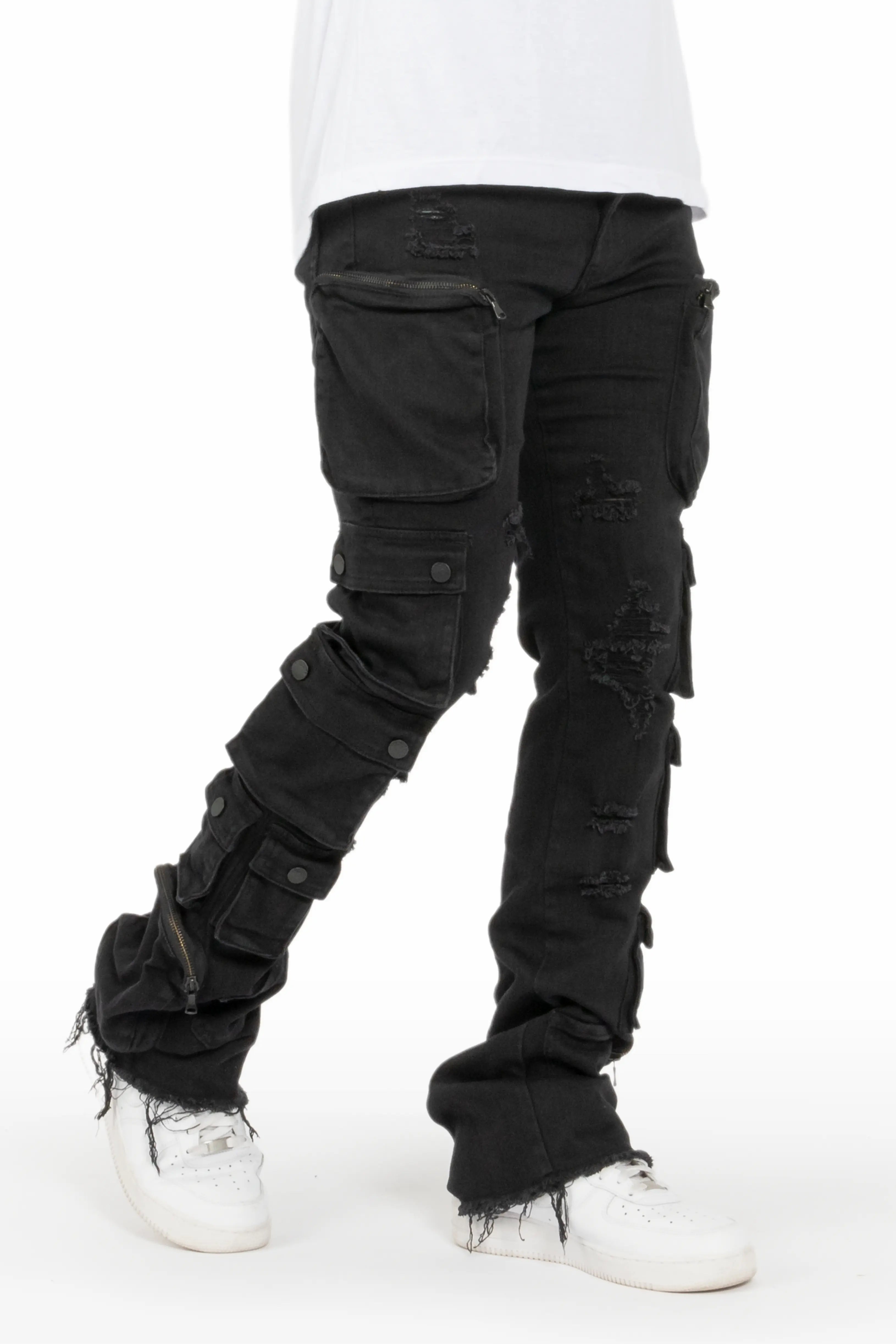 women's cropped pantsKonrad Black Cargo Stacked Flare Jean