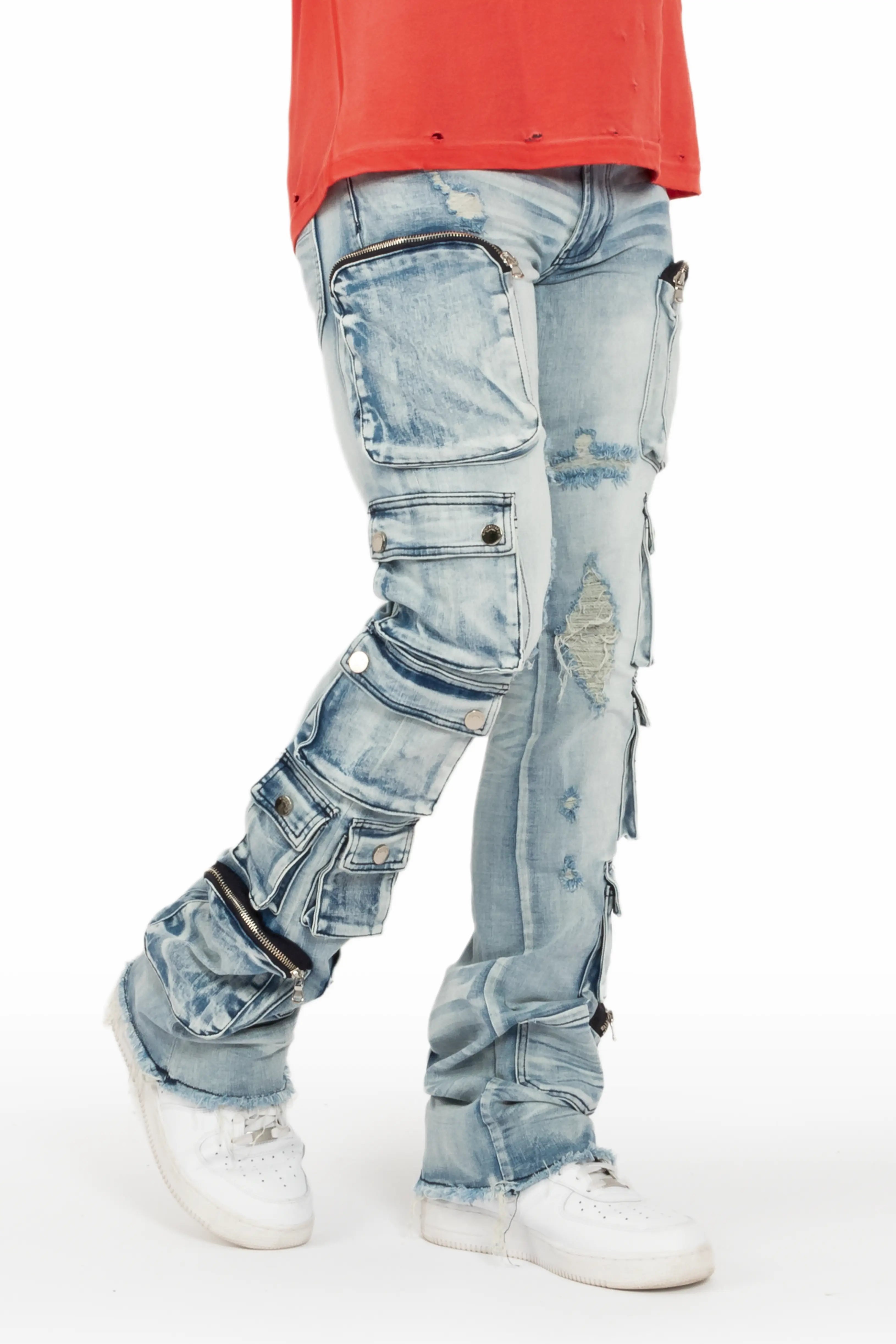 women's tall pantsKonrad Light Blue Cargo Stacked Flare Jean