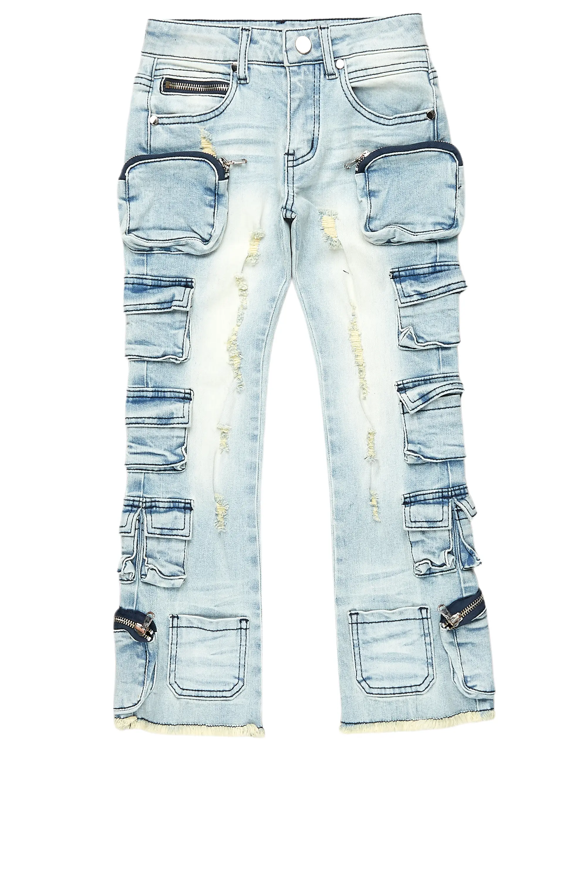 women's distressed pantsBoys Konrad Light Blue Cargo Stacked Flare Jean