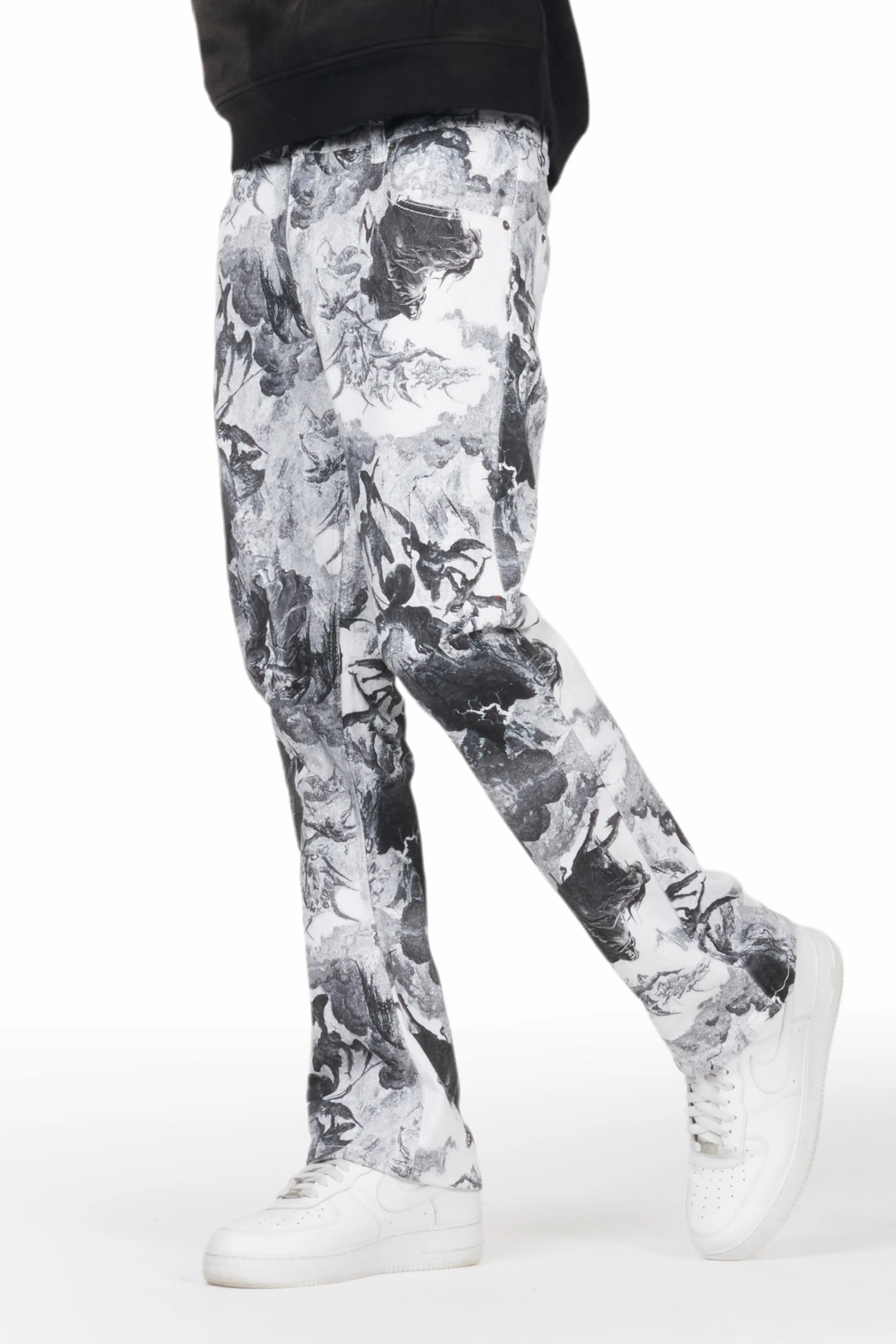 women's satin pantsJacop White Printed Stacked Flare Jean