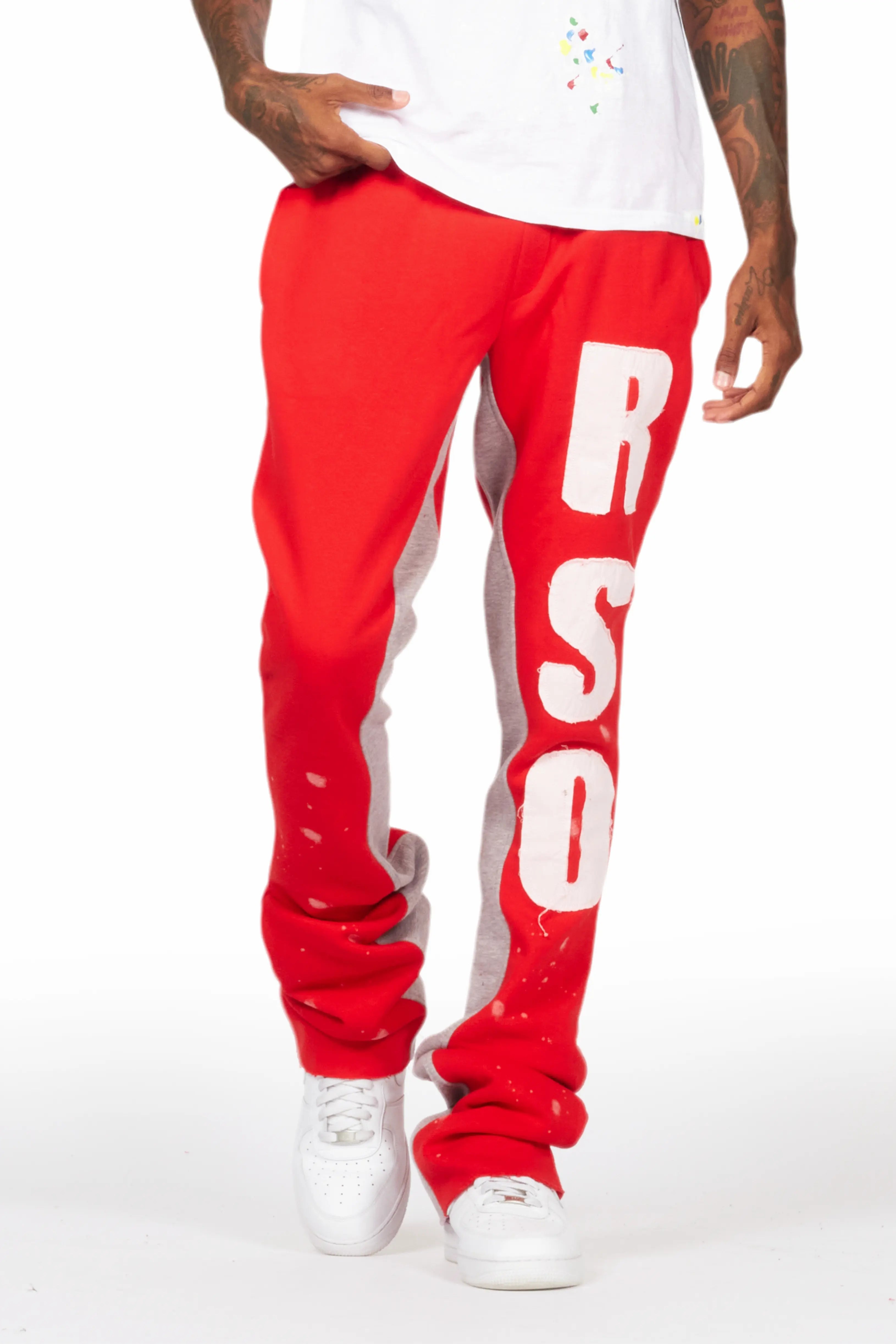 women's drawstring pantsUko Red Patchwork Stacked Flare Track Pant