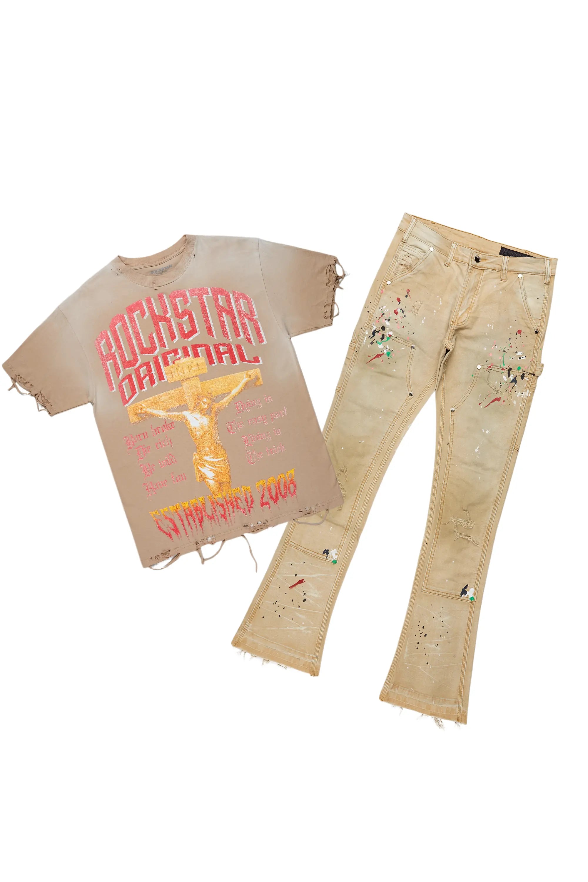 women's warm pantsAwready Beige Oversized T-Shirt & Zoticus Stacked Flare Jean Bundle