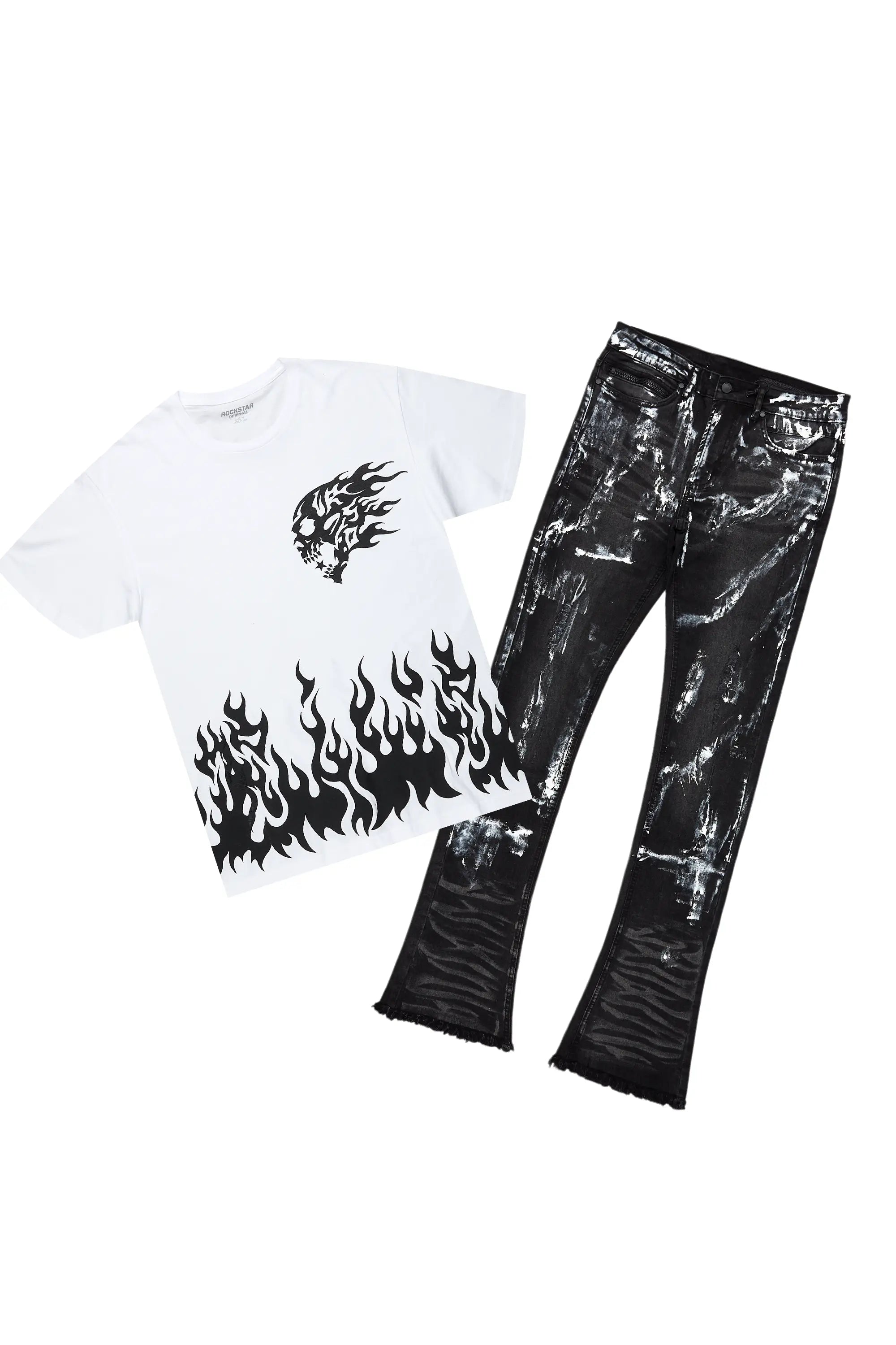 women's wide-leg pantsBubble White/Black T-Shirt/Stacked Flare Jean Set