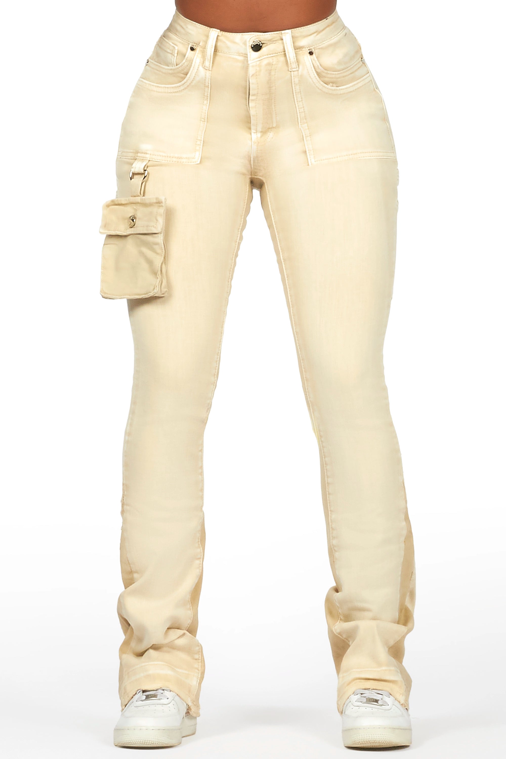 women's floral pantsGalexus Beige Stacked Flare Jean