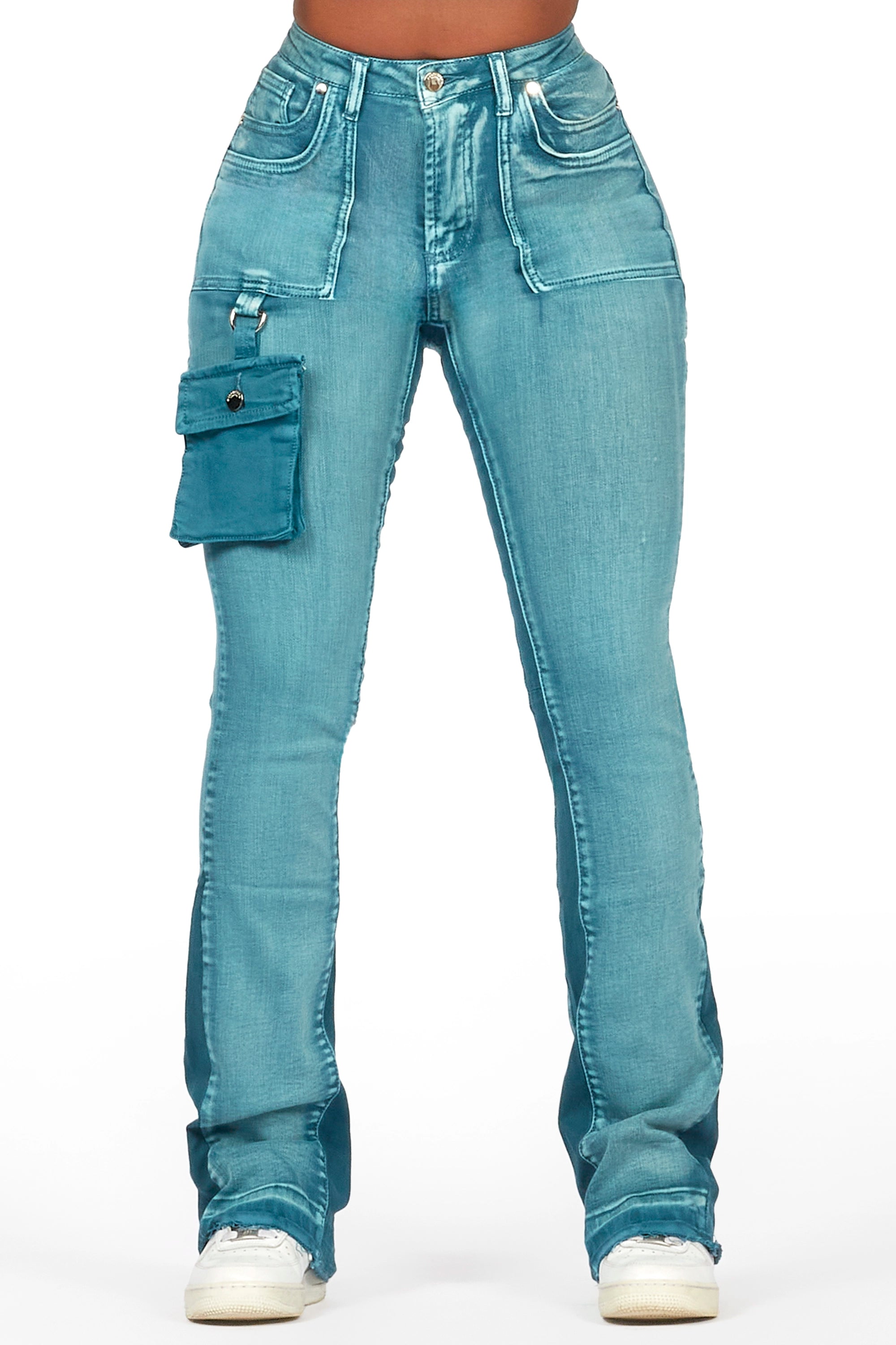 women's summer pantsGalexus Blue Stacked Flare Jean