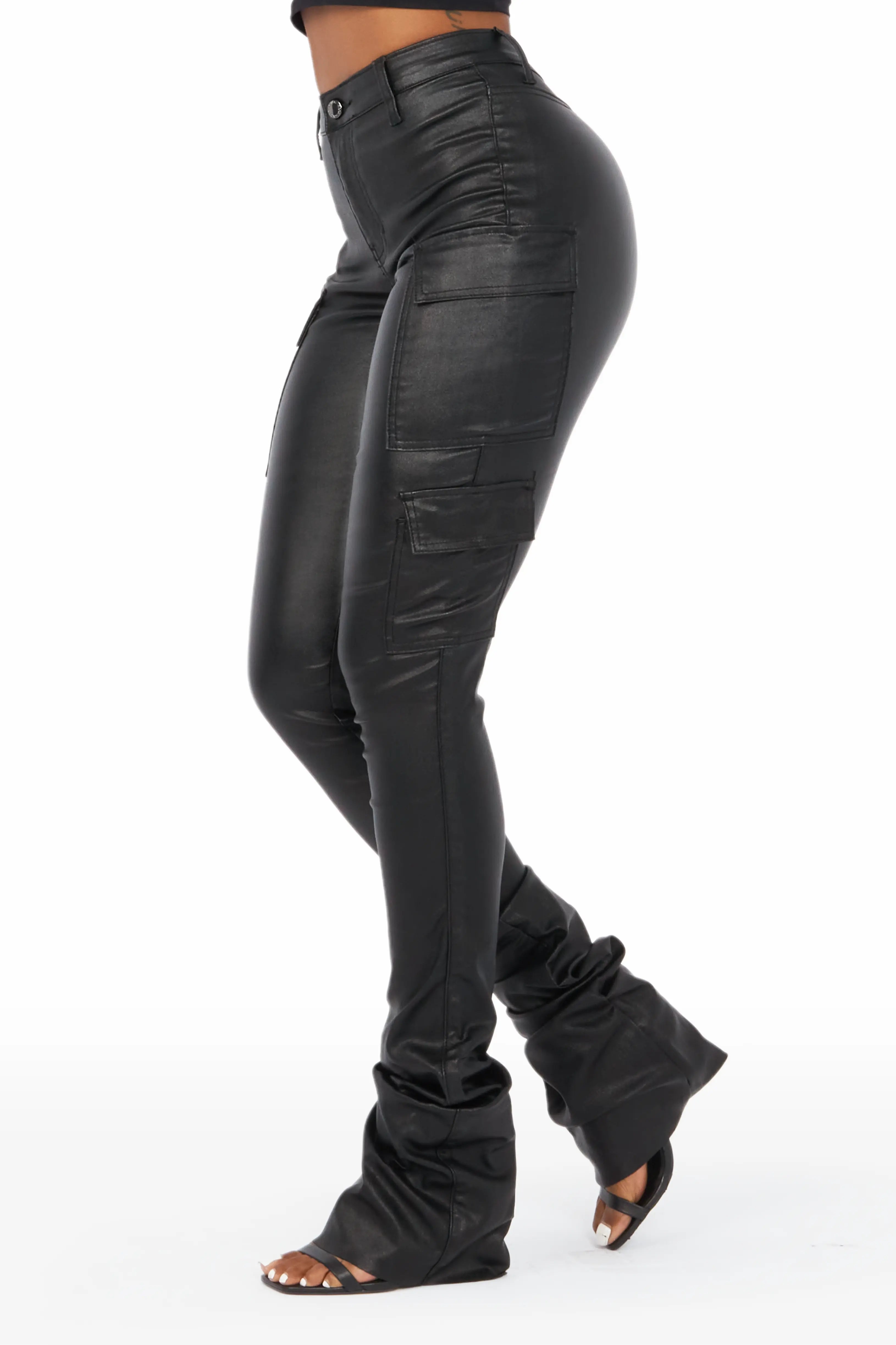 women's jogger pantsVixen Metallic Black Cargo Super Stacked Pant