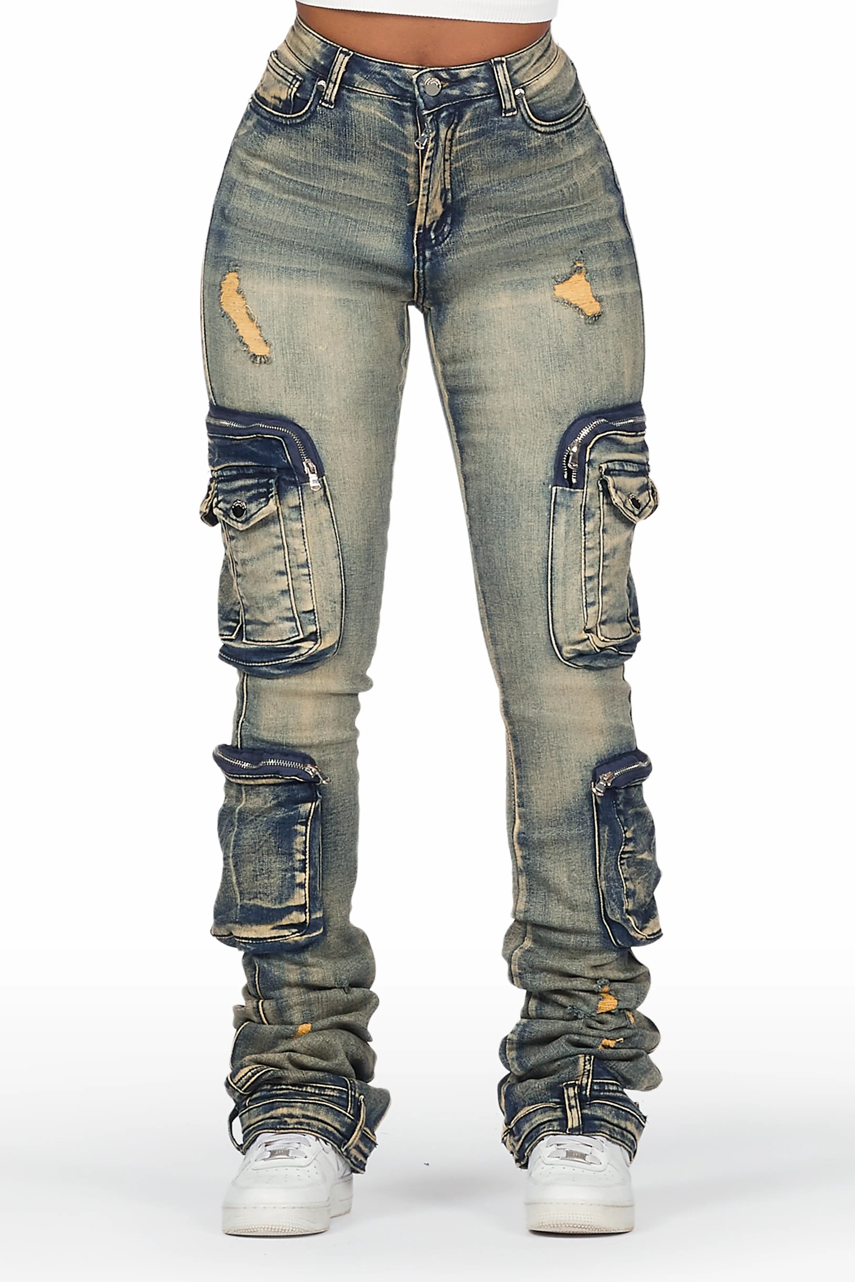 women's low-slung pantsAlisson Dark Wash Tinted Cargo Super Stacked Jean