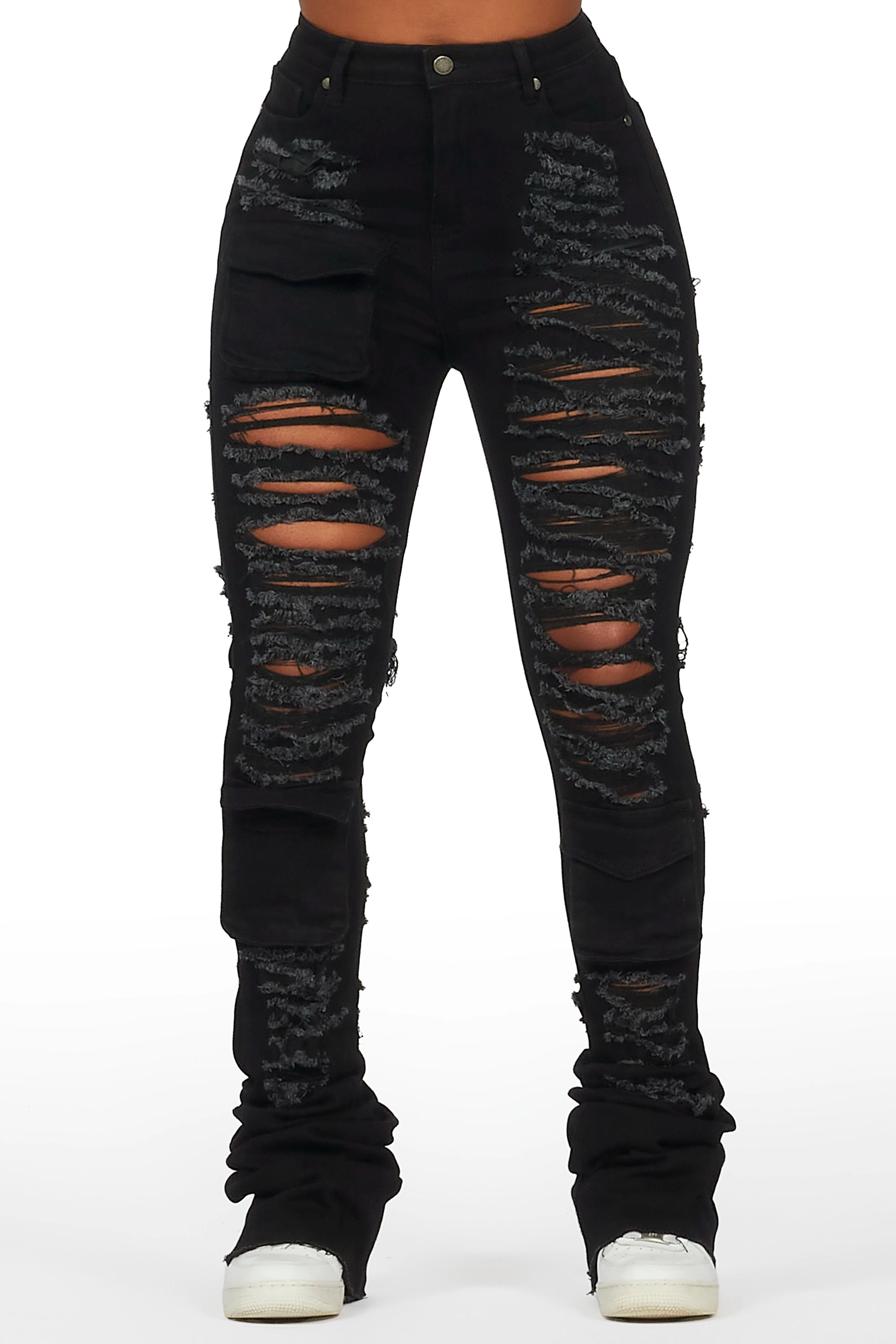 women's solid-color pantsCapria Black Ultra Distressed Super Stacked Jean