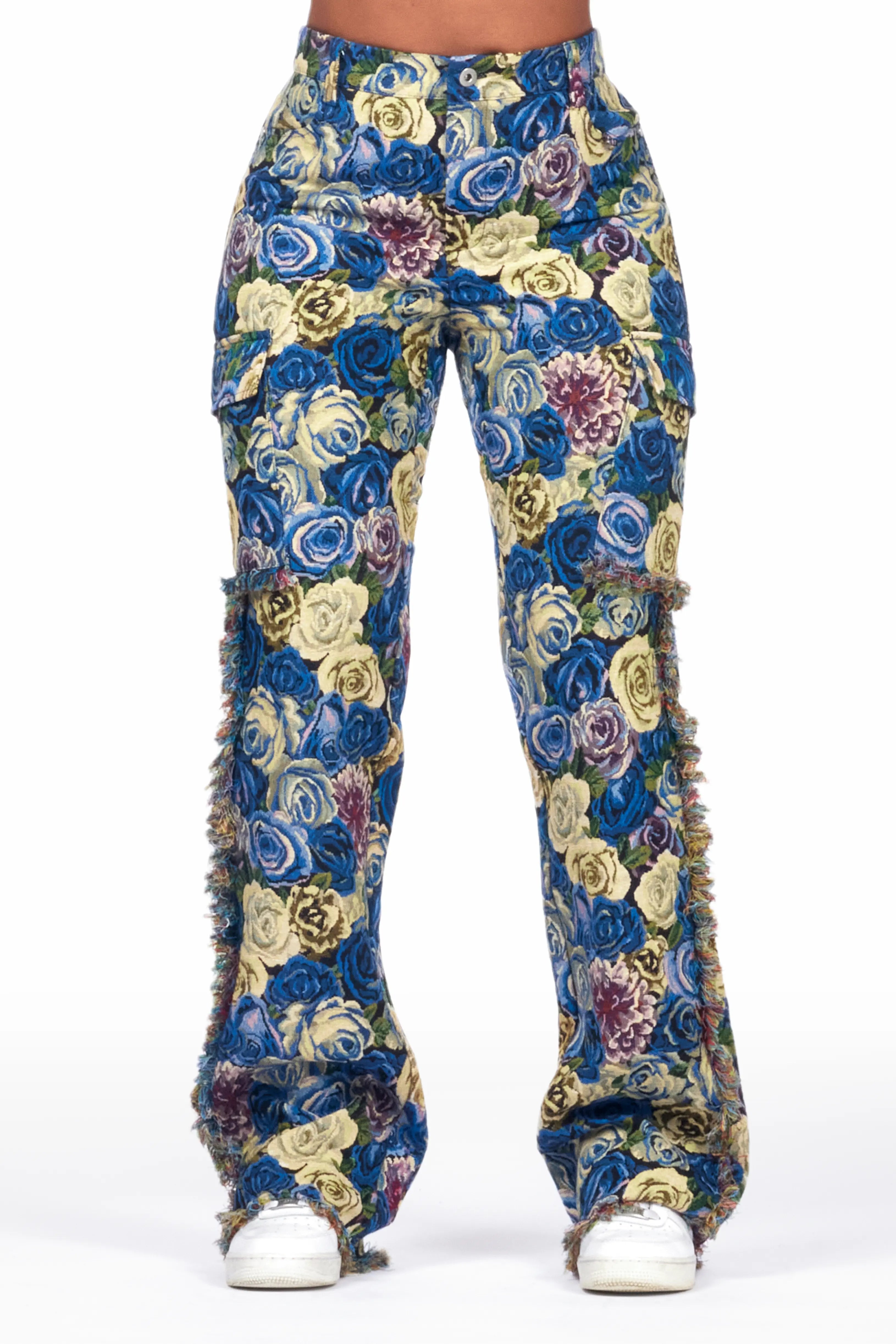 women's stretch pantsDarresha Blue Floral Tapestry Stacked Pant