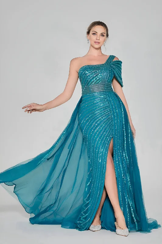 Formal Dress for PageantsDylan & Davids Long Couture Hand Beaded Cold Shoulder Formal Dress Teal