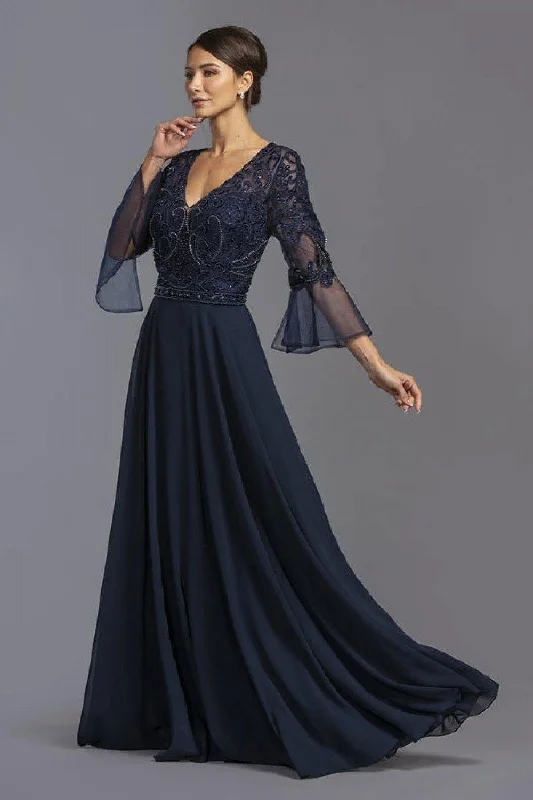 Formal Dress for Cruise Ship EventsV-Neck Bell Sleeves Long Formal Dress Navy Blue