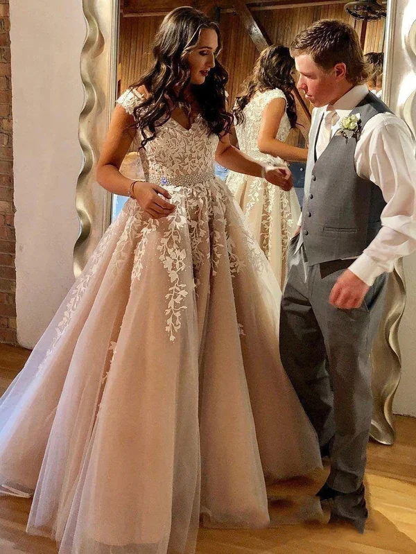 sleeveless prom dresses2023 Charming A-Line/Princess V Neck Applique Beaded Tulle Prom Dresses    S1873