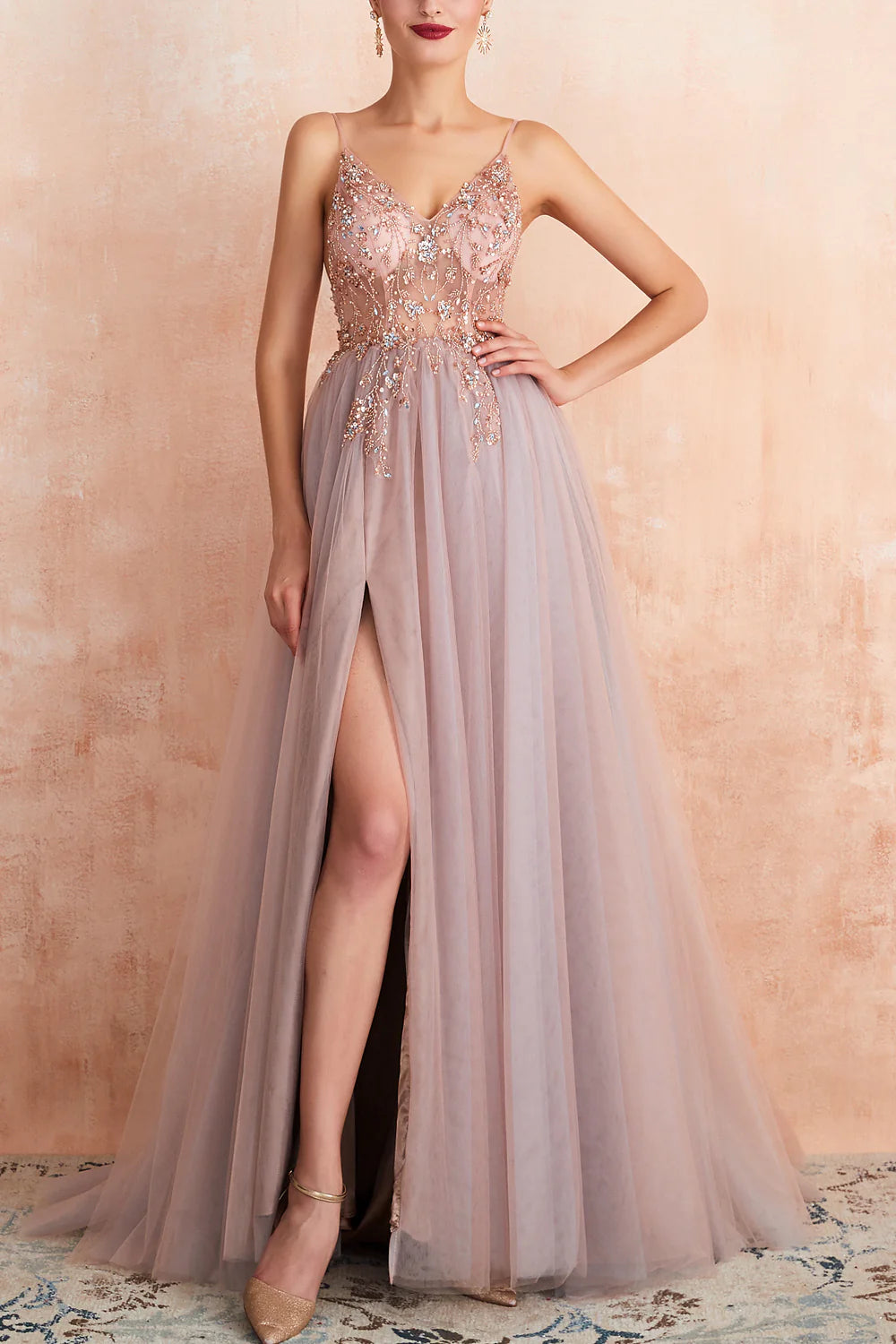 chiffon prom dressesA Line Grey Pink V-neck Tulle Prom Dress with Slit