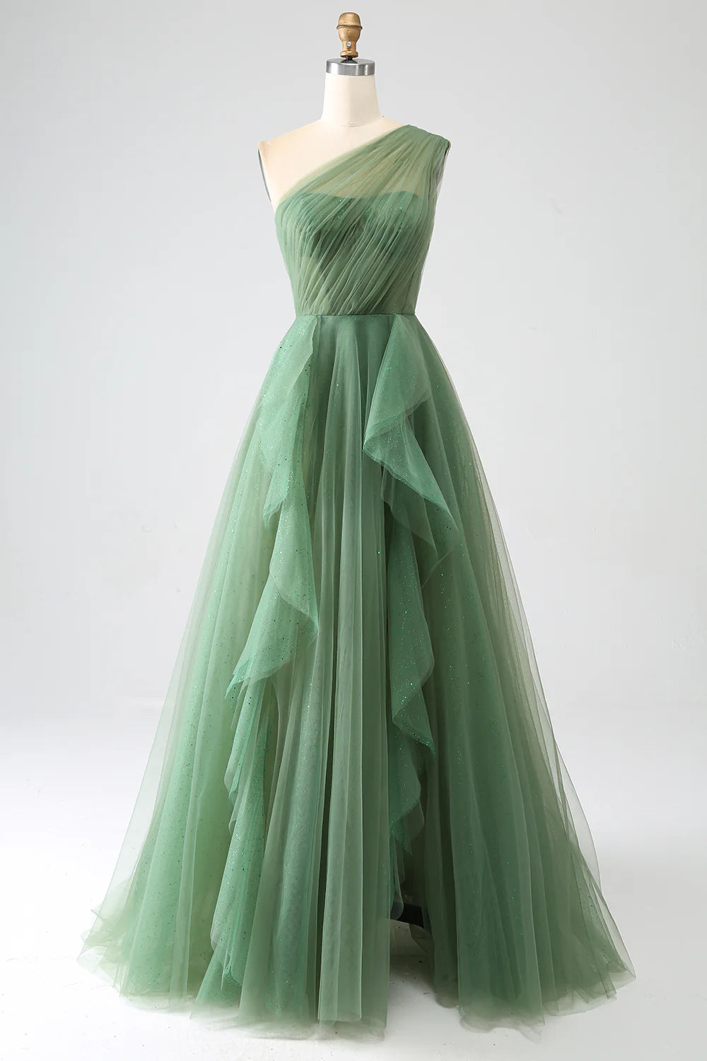 prom dress color trendsAmzcw Dark Green A-Line One-Shoulder Long Tulle Prom Dress