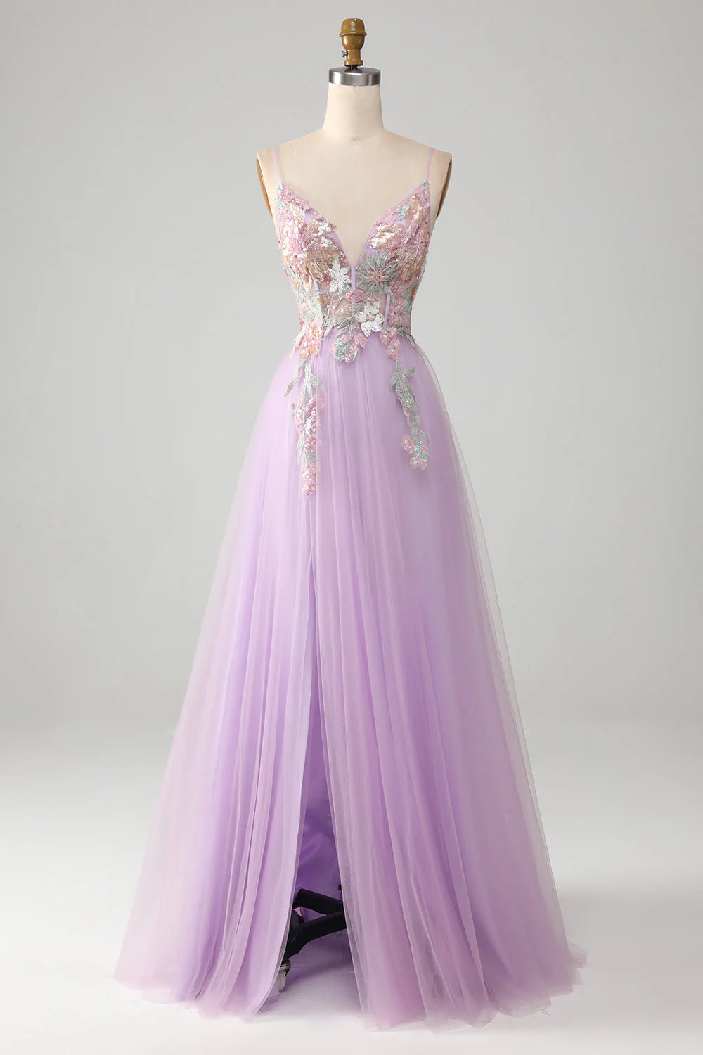 prom dress shopping tipsAmzcw Glitter Lilac A-Line Spaghetti Straps Long Prom Dress with Flowers