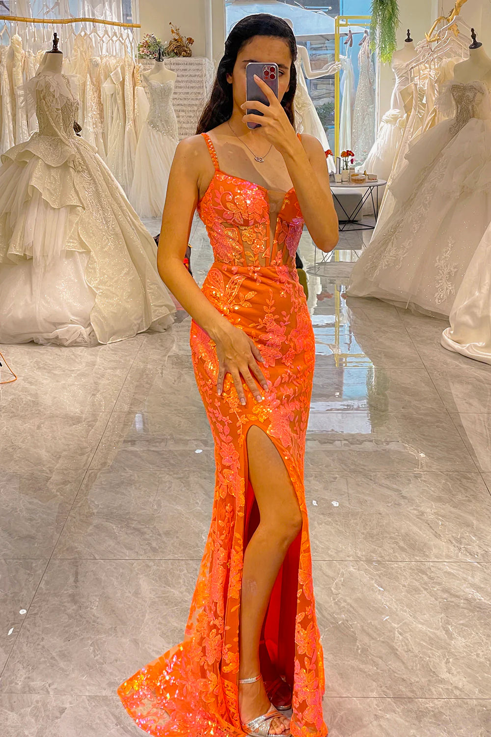 prom dresses with sequin detailingAmzcw Glitter Orange Mermaid Corset Long Corset Prom Dress With Slit