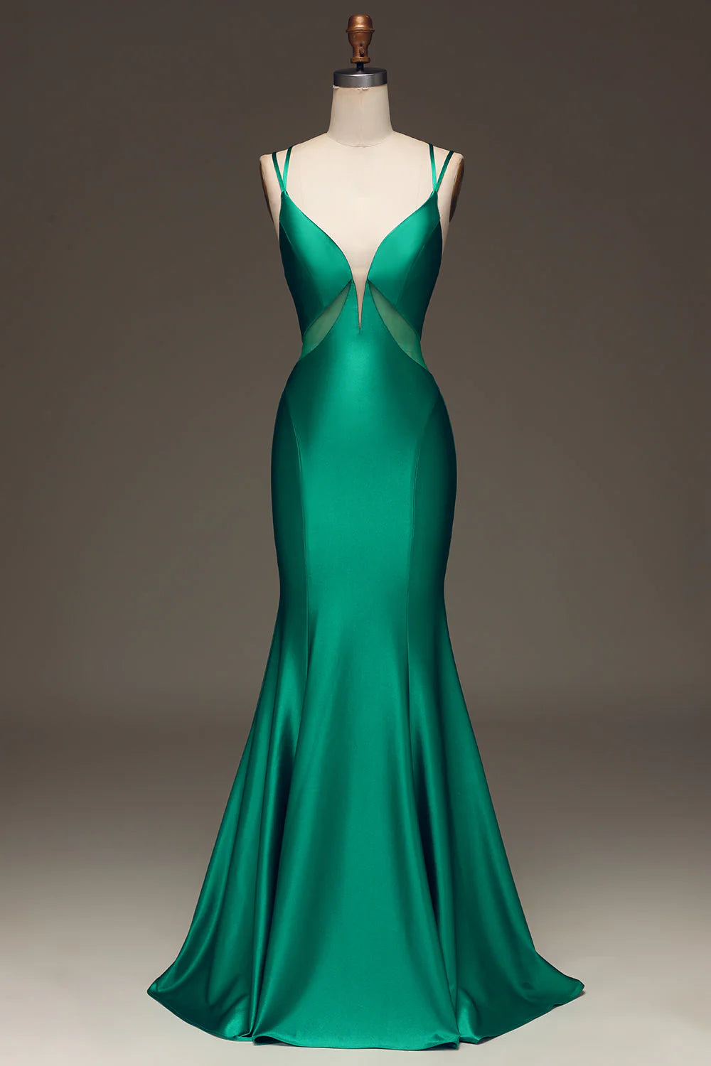 mid-length prom dressesAmzcw Green Mermaid Spaghetti Straps Deep V-Neck Satin Long Prom Dress with Lace-up Back