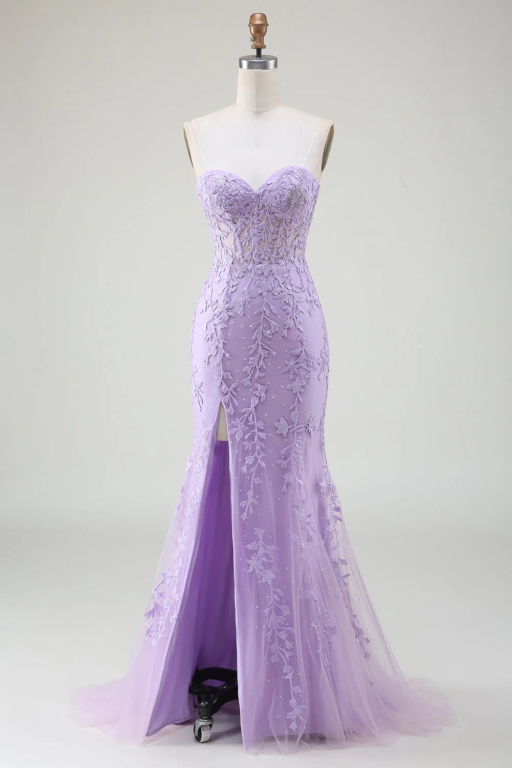 elegant prom dressesAmzcw Light Purple Mermaid Sweetheart Lace Corset Long Prom Dress with Slit