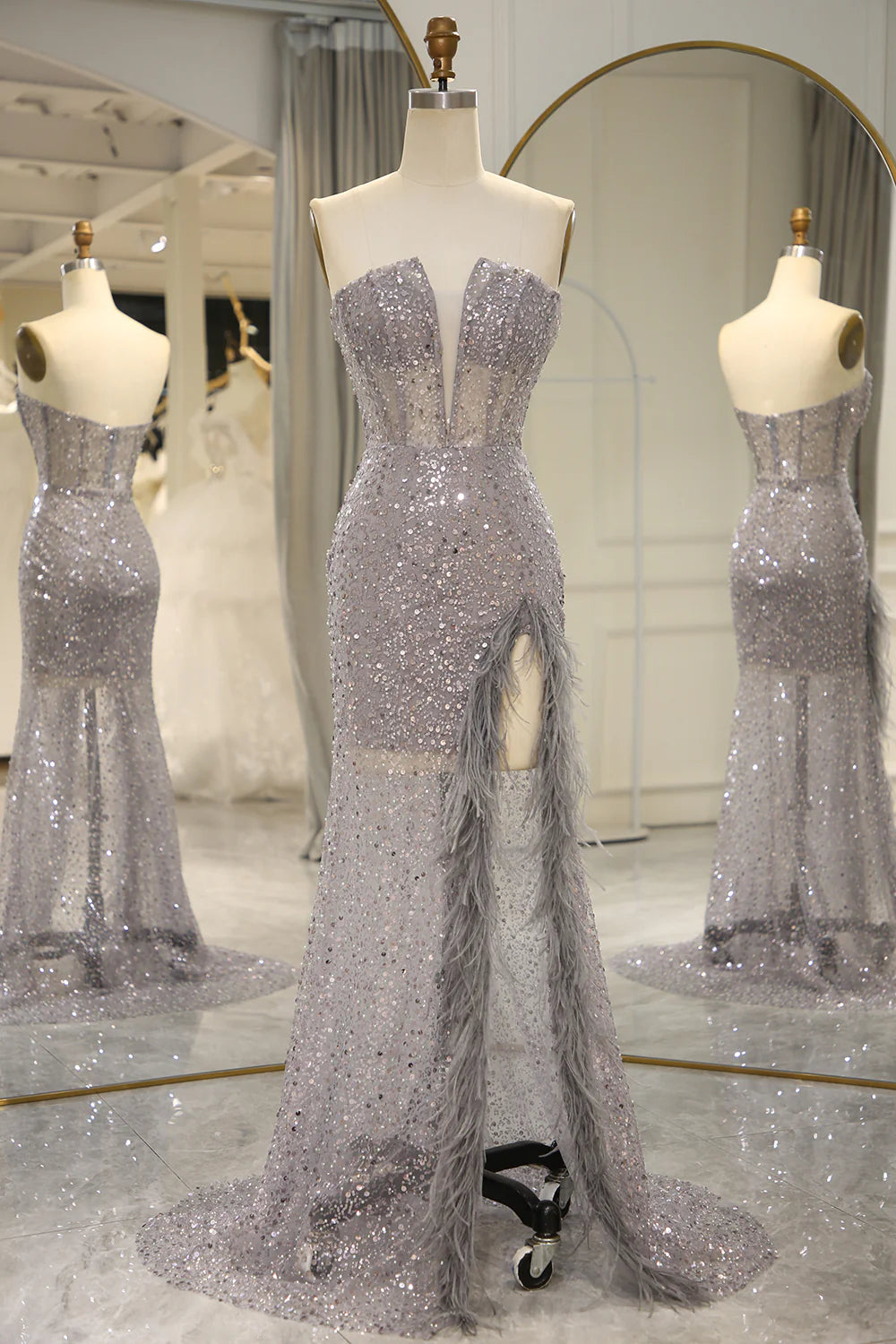 prom dresses with sheer overlaysAmzcw Mermaid Sparkly Grey Sequin Corset Long Prom Dress With Feather Slit