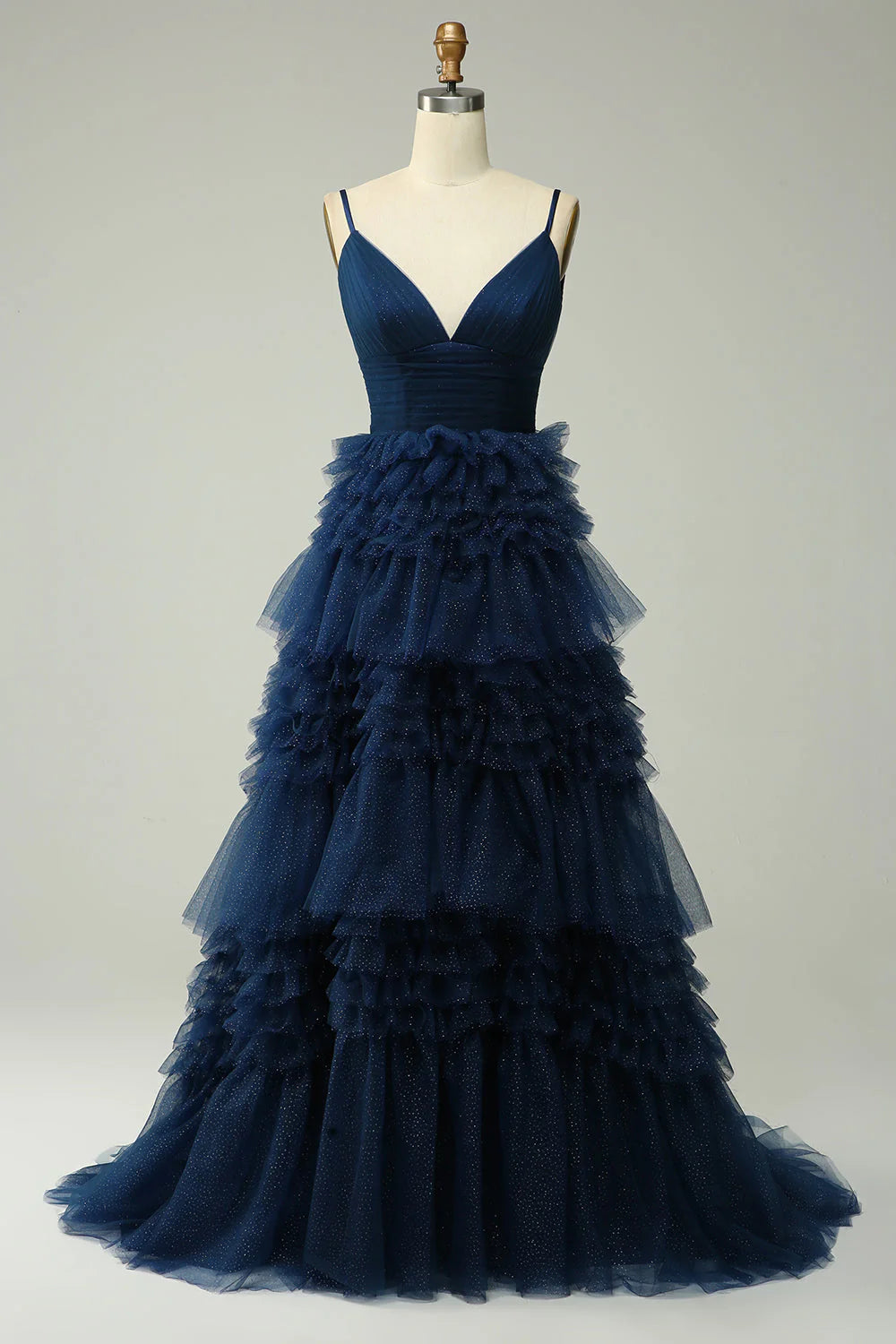 tulle prom dressesAmzcw Navy A Line Spaghetti Straps Long Tulle Prom Dress with Ruffles