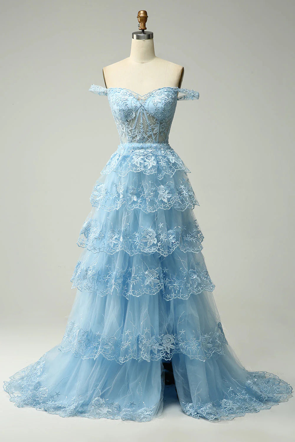 prom dress try-on ideasAmzcw Princess A Line Off the Shoulder Blue Long Corset Prom Dress with Slit