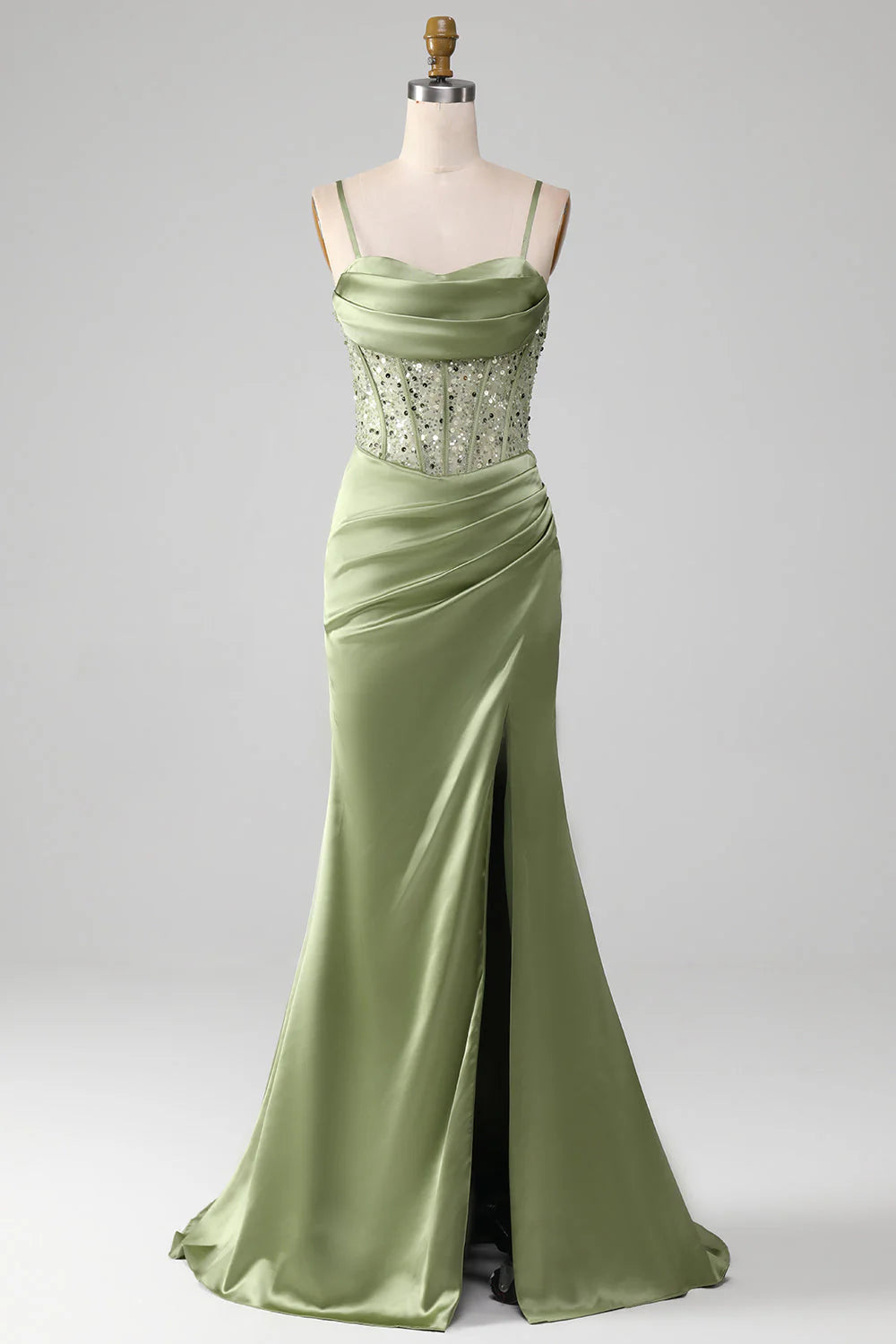 sleeveless prom dressesAmzcw Sage Green Mermaid Sparkly Sequin Pleated Corset Satin Prom Dress