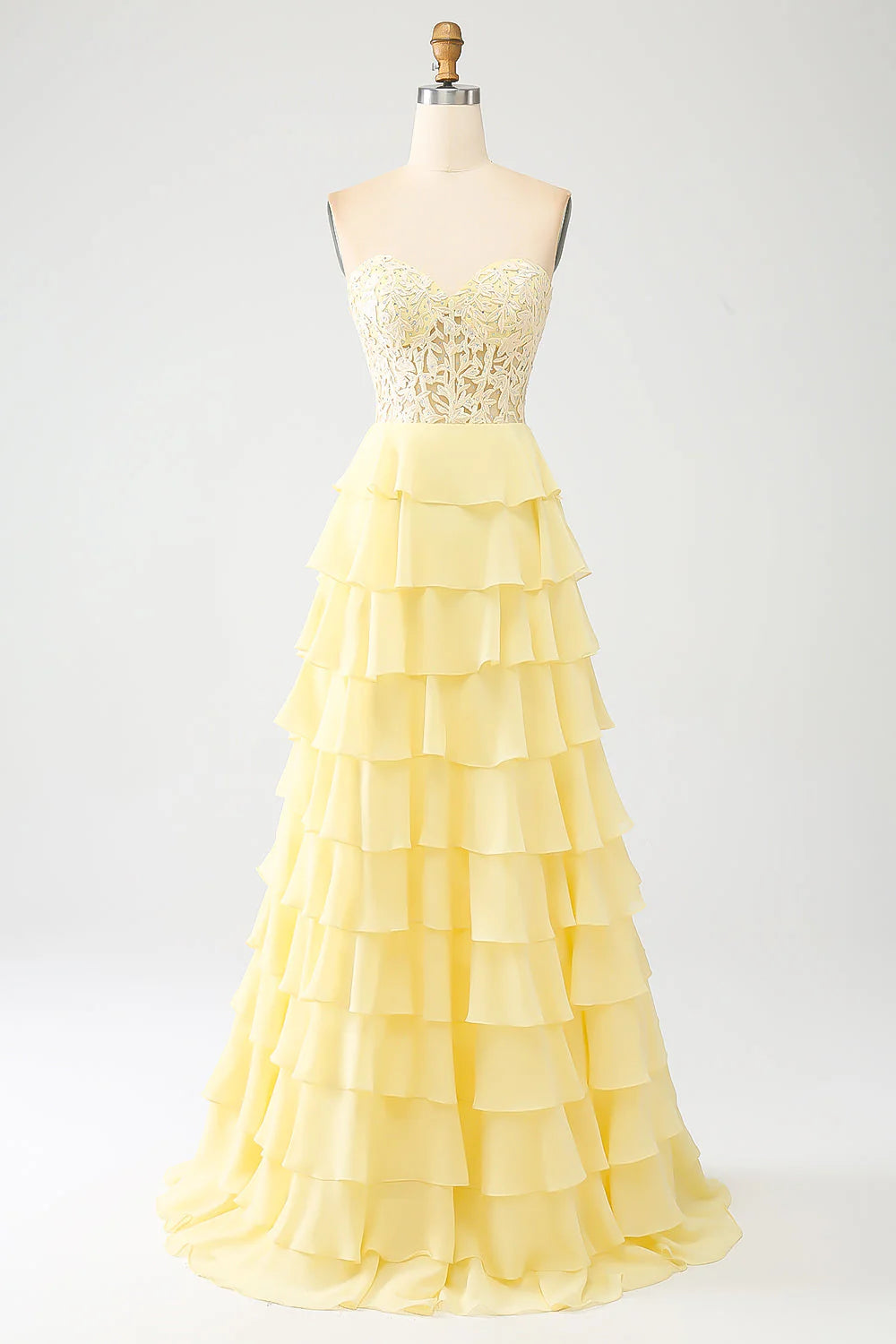 fitted prom dressesAmzcw Yellow A-Line Sweetheart Tiered Corset Long Prom Dress