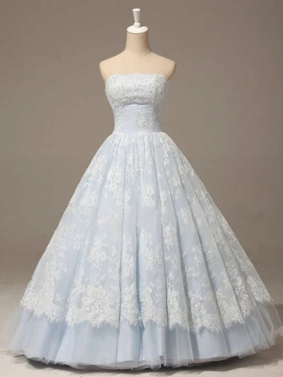 spaghetti strap prom dressesBaby Blue Prom Dress Strapless A-line Lace Applique Quinceañera Dress     S1876