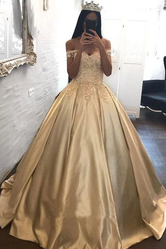 metallic prom dressesBall Gown Champagne Gold Satin Quinceanera Dresses Appliques Lace Prom Dresses