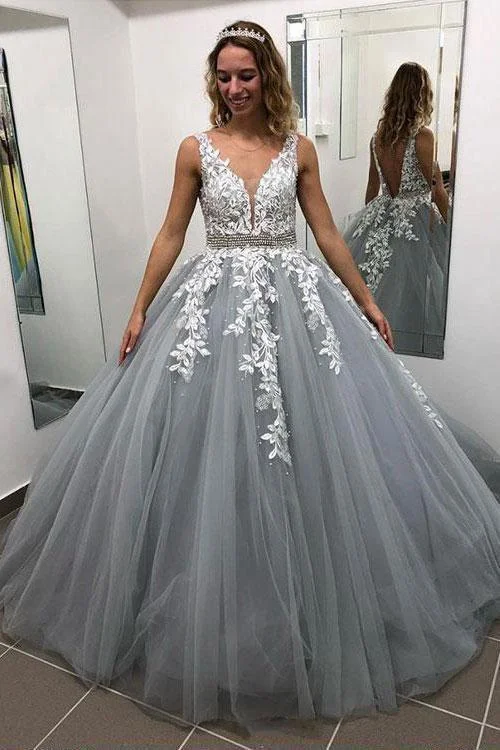 prom dress accessoriesBall Gown Gray V Neck Prom Dresses with Lace Appliques Quinceanera Dresses