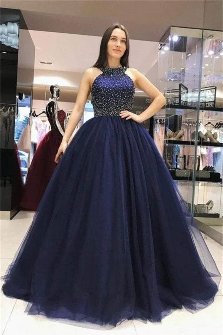 thigh-high slit prom dressesBall Gown Long Navy Blue Beading Tulle Princess Prom Dresses Quinceanera Dresses