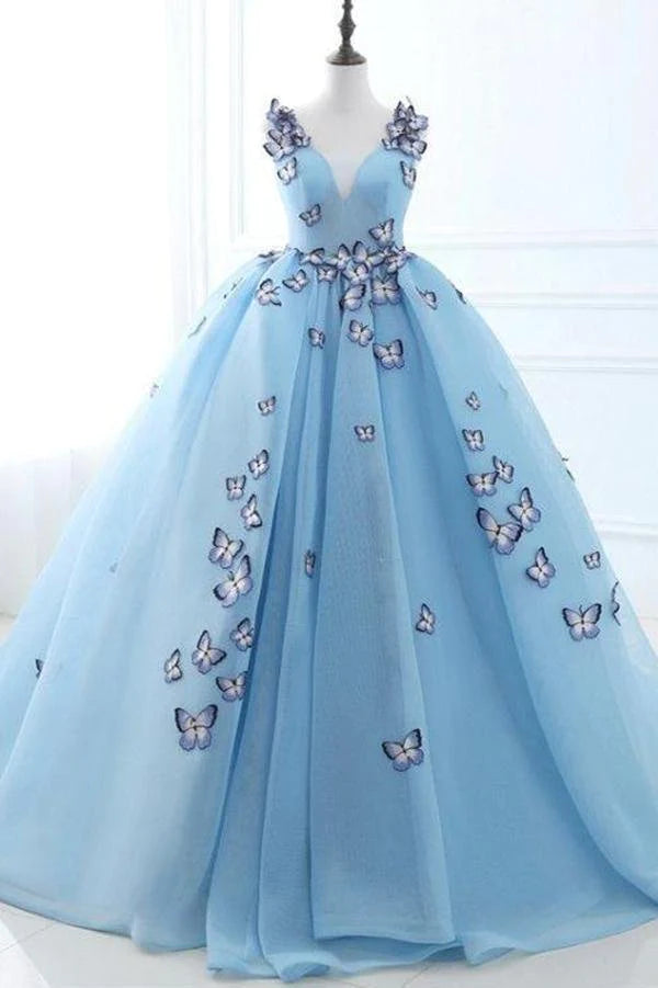 off-shoulder prom dressesBall Gown Long Sky Blue Butterfly V Neck Appliques Lace up Prom Quinceanera Dresses