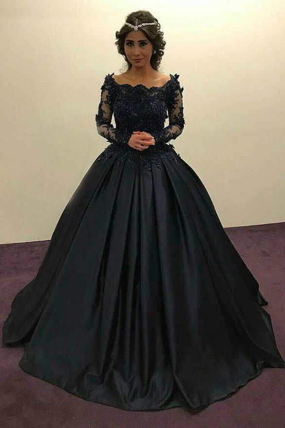 prom dresses with detachable sleevesBall Gown Long Sleeves Navy Blue With Lace Prom Dress Quinceanera Dresses