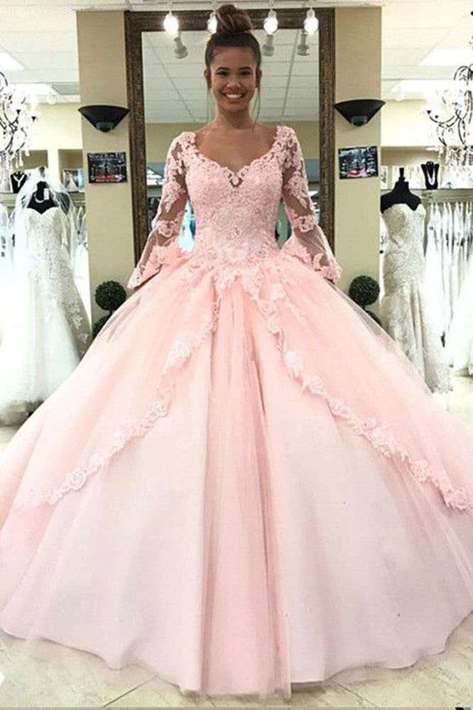 ball gown prom dressesBall Gown Pink V Neck Long Sleeve Appliques Prom Dresses with Lace up Quinceanera Dresses