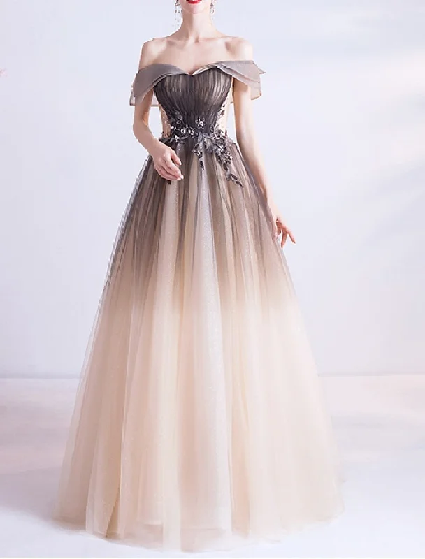 silk prom dressesBall Gown Princess Cute Prom Dress Off Shoulder Sleeveless Floor Length Tulle with Crystals Appliques