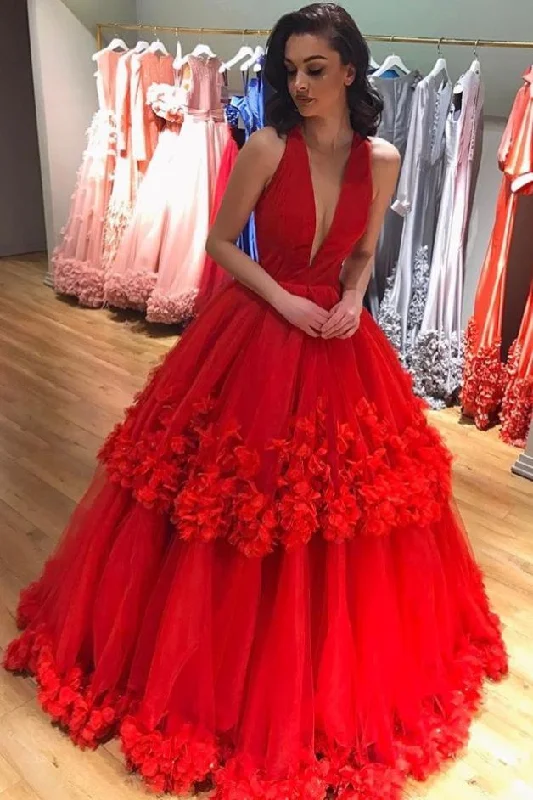 empire waist prom dressesBall Gown Red Deep V Neck Tulle Prom Dresses Long Appliques Quinceanera Dresses