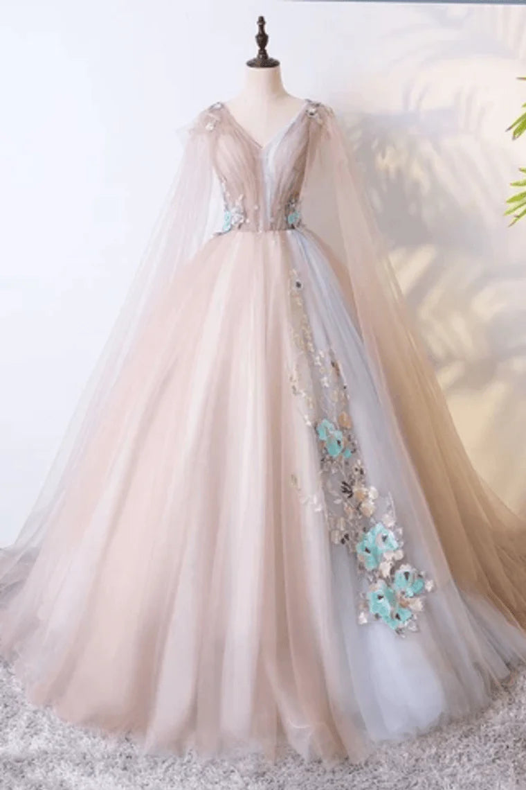 prom dress shopping tipsBall Gown V Neck Tulle Prom Dress With Appliques, Unique Floor Length Quinceanera Dresses