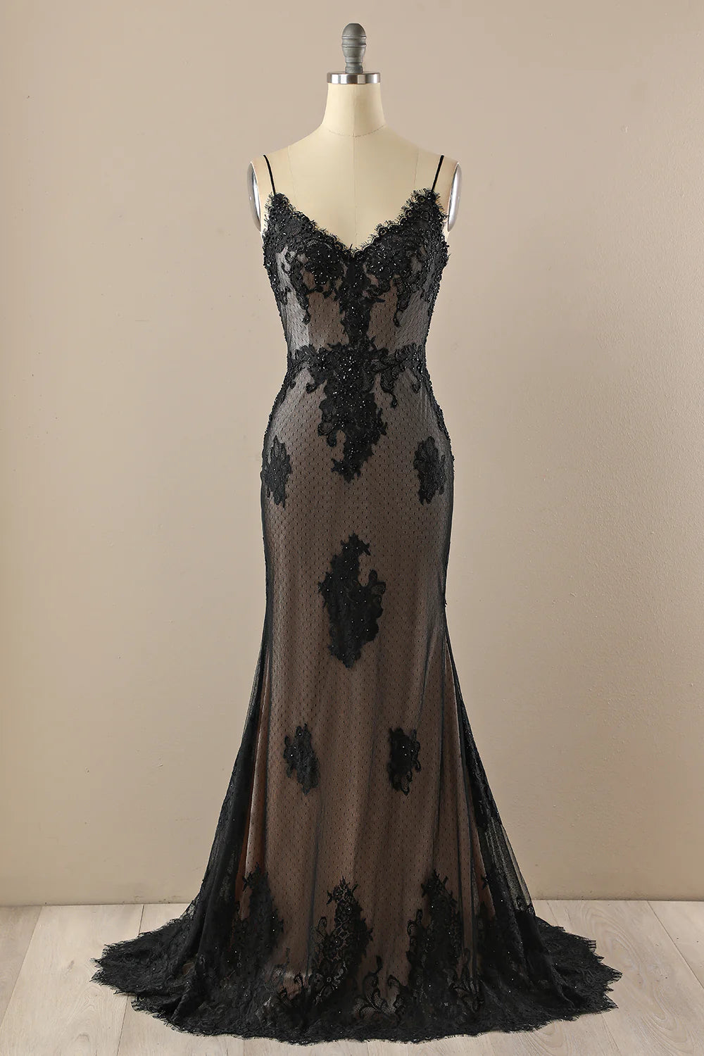 lace prom dressesBlack V neck Beaded Prom Dress