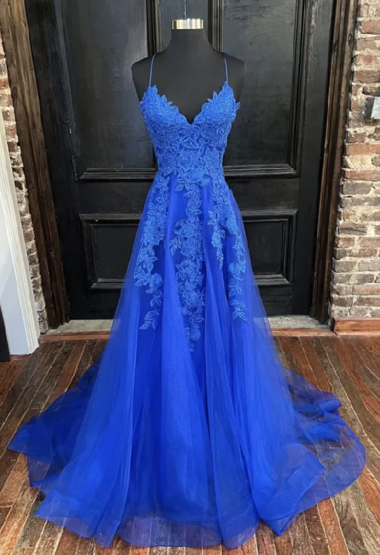 luxury prom dressesBlue v neck tulle lace long prom dress, blue tulle formal dress     S1975